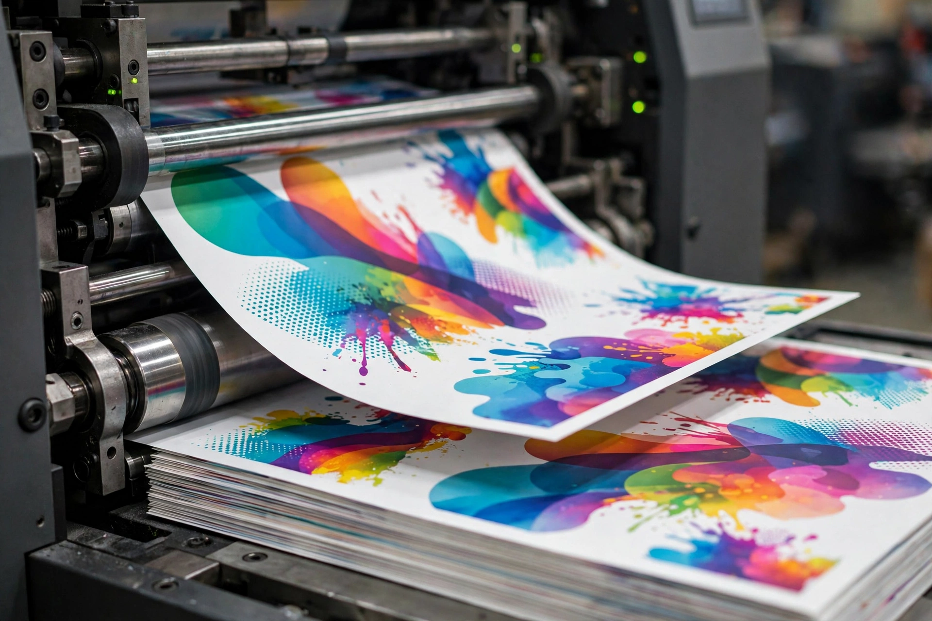 Printing press running colourful marketing materials
